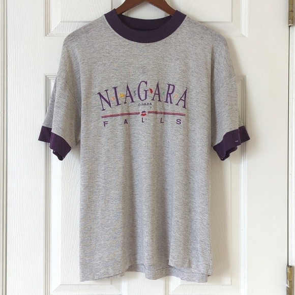 Niagara Falls CA 90's Vintage Embroidered Crewneck Ringer T-shirt Gray Purple XL - Picture 1 of 14